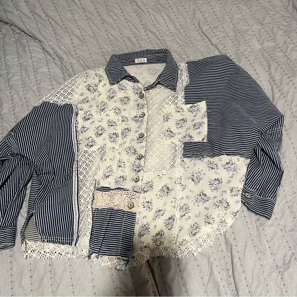 POL Blue and White Striped Lace Blouse